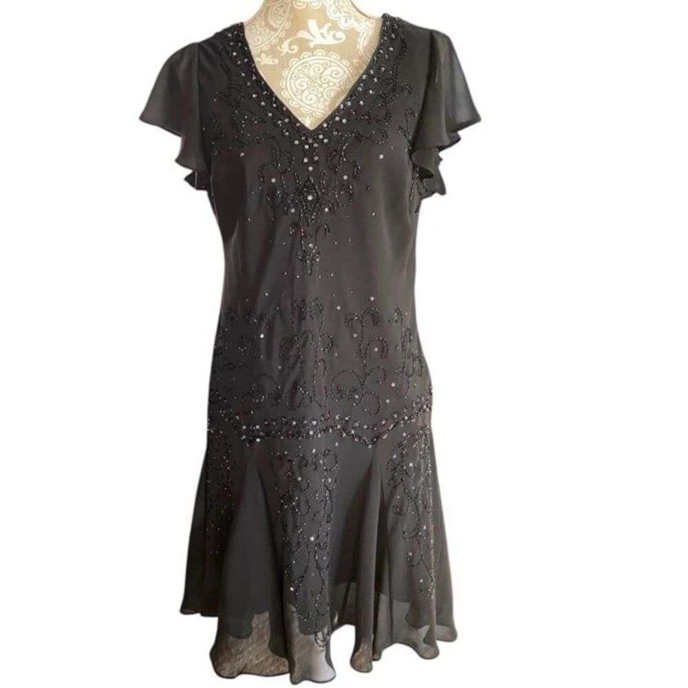 Vtg R&M Richards black cocktail midi dress beaded v-neck lined Size 14 Petites
